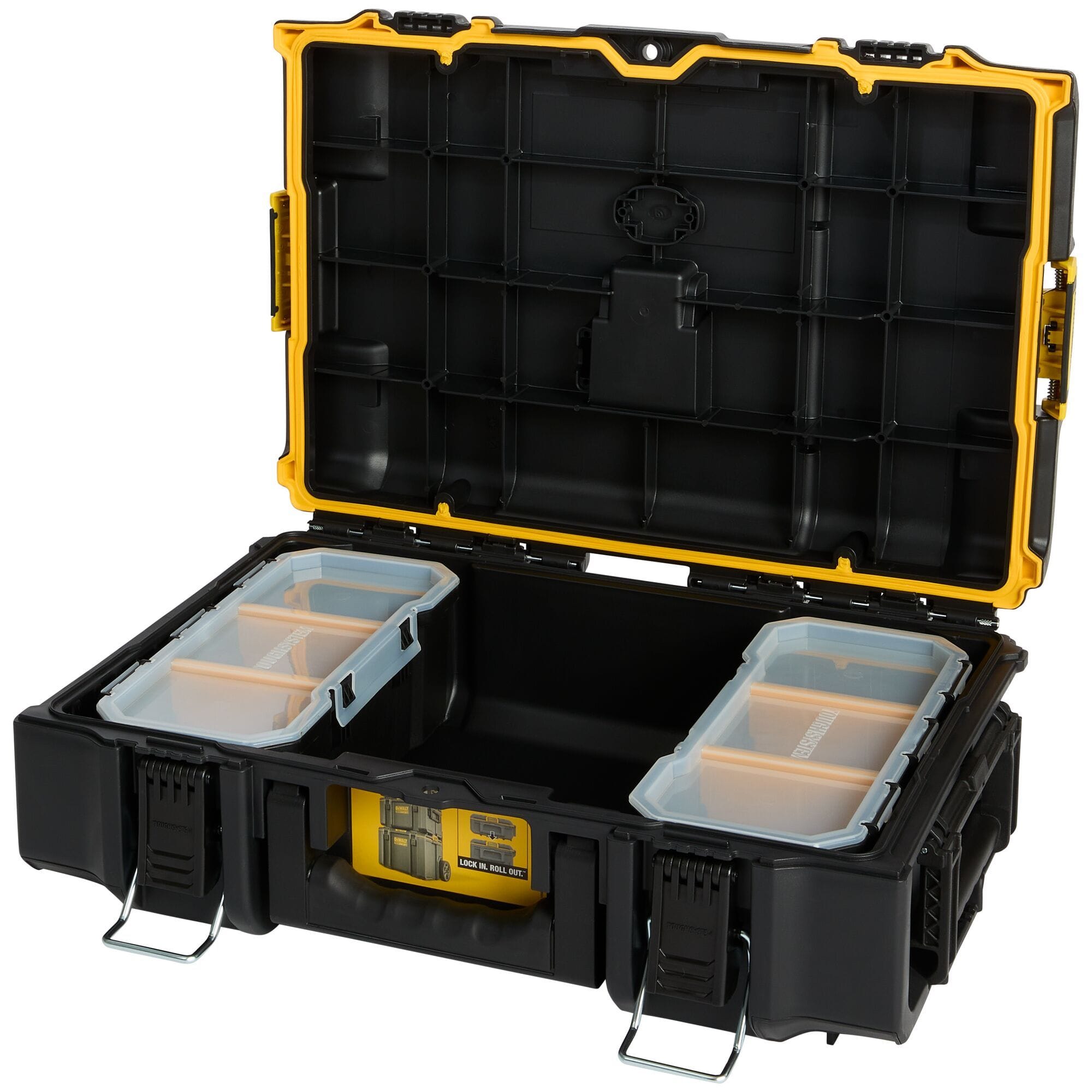 Open DEWALT ToughSystem 2.0 tool box showing interior organizer layout with two removable transparent containers orange dividers and reinforced lid structure for customizable small parts storage.