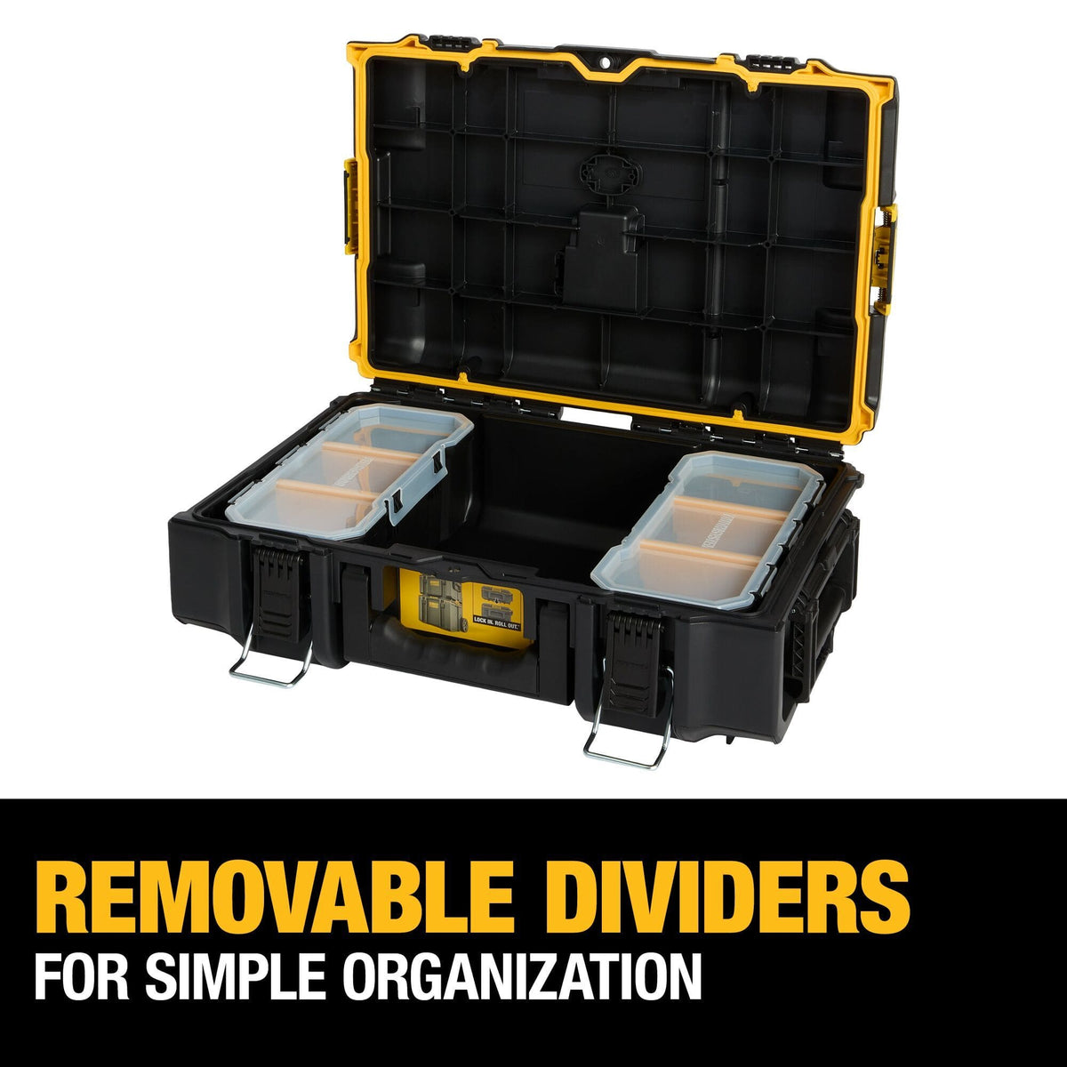 Open DEWALT ToughSystem tool box displaying removable dividers and transparent organizer containers designed for simple customizable small parts organization with sturdy metal latches and reinforced lid.
