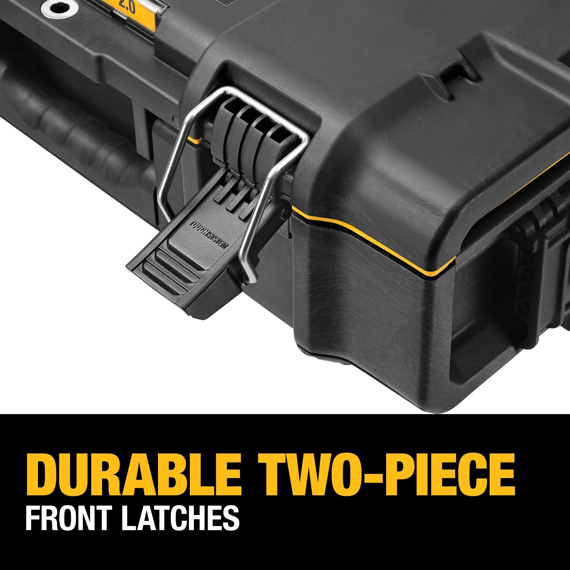 Close up of DEWALT ToughSystem two piece front latches showing metal reinforced locking mechanism and rugged black and yellow housing built for long lasting durability and secure tool storage.