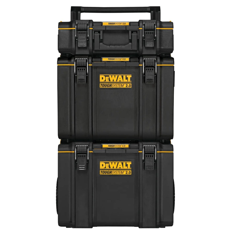 A front-facing studio shot of the complete DEWALT ToughSystem 2.0 3-piece rolling tower. The image clearly displays the reinforced metal front latches, the stackable modular configuration, and the integrated wide handle on the top unit for convenient transport of the entire pro-grade kit.