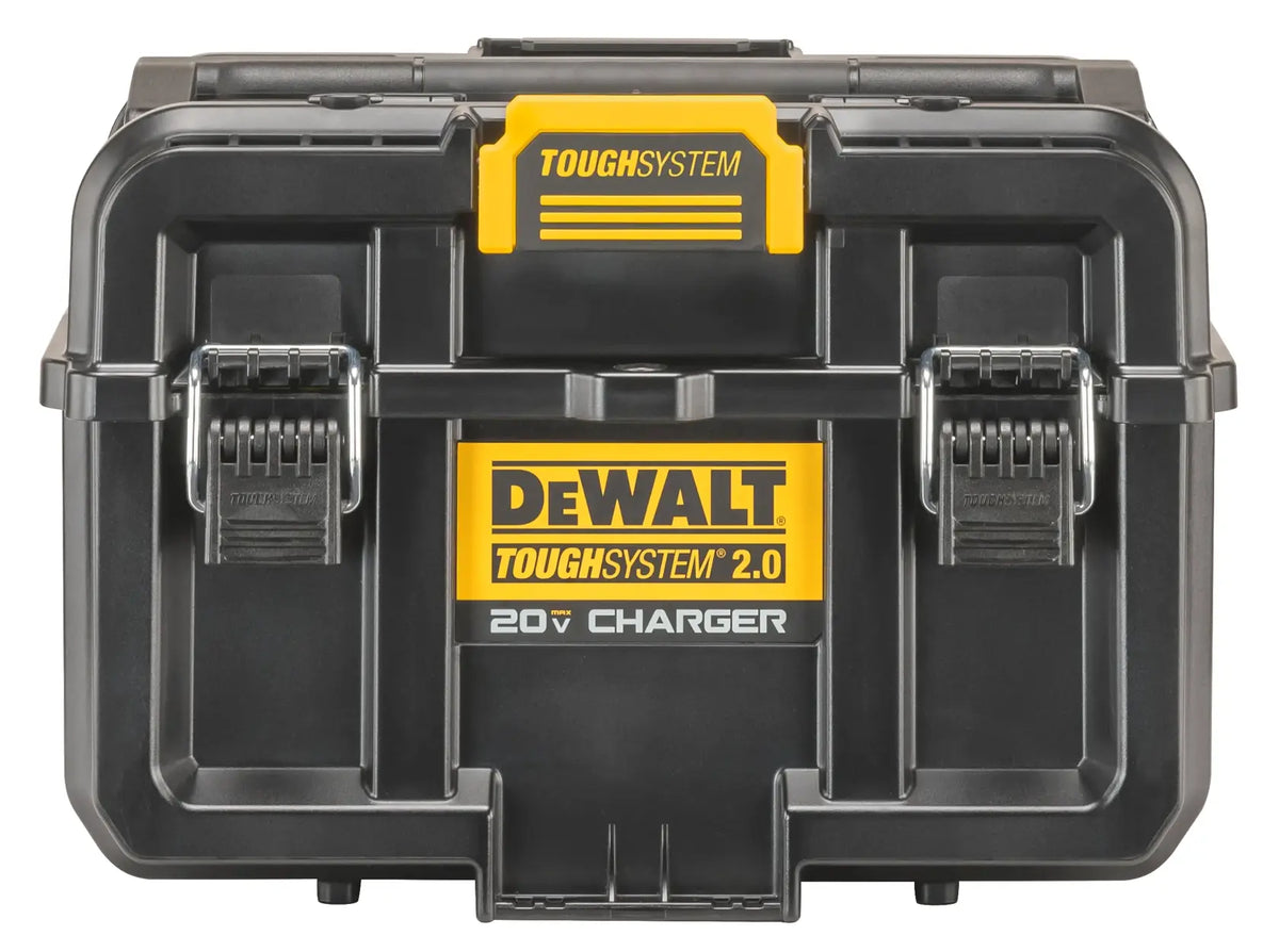 A front-facing studio shot of the DEWALT ToughSystem 2.0 dual port charger storage box. The image showcases the rugged black exterior, heavy-duty metal front latches, and the high-visibility yellow ToughSystem 2.0 branding, emphasizing its professional-grade construction.