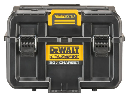 A front-facing studio shot of the DEWALT ToughSystem 2.0 dual port charger storage box. The image showcases the rugged black exterior, heavy-duty metal front latches, and the high-visibility yellow ToughSystem 2.0 branding, emphasizing its professional-grade construction.