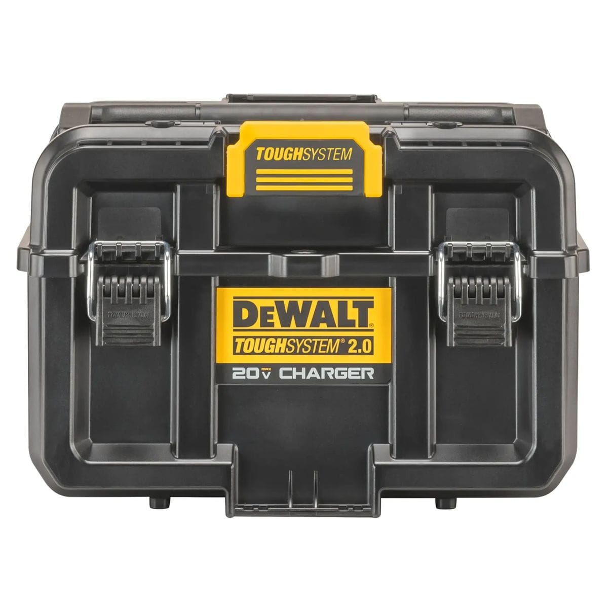 A front-facing studio shot of the DEWALT ToughSystem 2.0 dual port charger storage box. The image showcases the rugged black exterior, heavy-duty metal front latches, and the high-visibility yellow ToughSystem 2.0 branding, emphasizing its professional-grade construction.