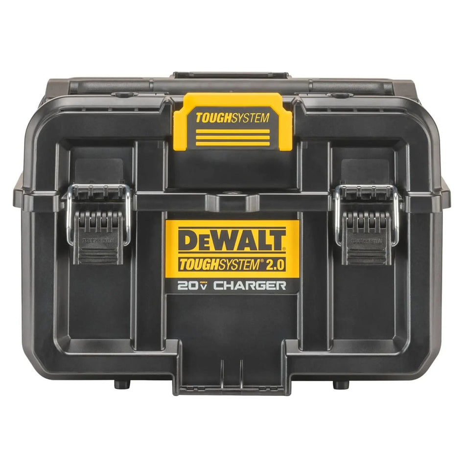 A front-facing studio shot of the DEWALT ToughSystem 2.0 dual port charger storage box. The image showcases the rugged black exterior, heavy-duty metal front latches, and the high-visibility yellow ToughSystem 2.0 branding, emphasizing its professional-grade construction.