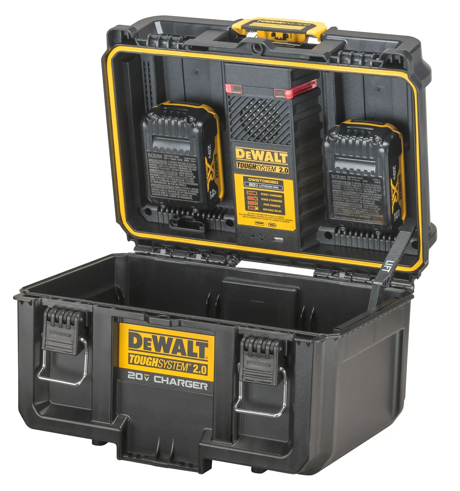 An open-lid studio view of the DEWALT DWST08050 charging station. The interior reveals two 20V MAX batteries being charged simultaneously in the specialized lid-mounted docks, while the large base compartment remains open for additional tool or accessory storage.
