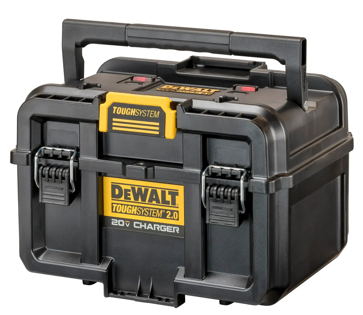 A perspective studio shot of the DEWALT ToughSystem 2.0 charger box with the integrated wide handle in the carrying position. This angle highlights the stackable design and the IP55-rated weather-resistant seals engineered to protect batteries in harsh jobsite environments.