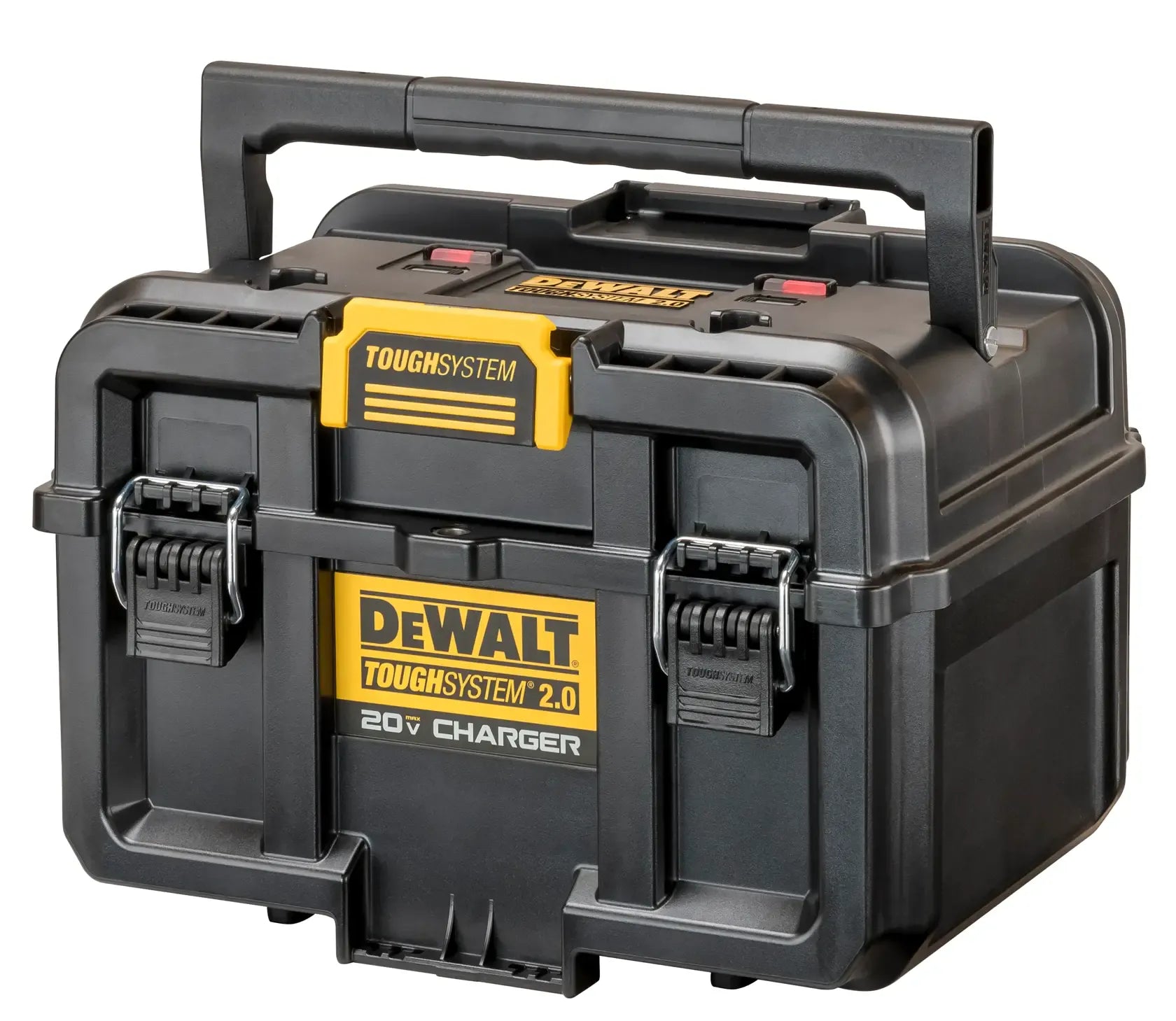 A perspective studio shot of the DEWALT ToughSystem 2.0 charger box with the integrated wide handle in the carrying position. This angle highlights the stackable design and the IP55-rated weather-resistant seals engineered to protect batteries in harsh jobsite environments.