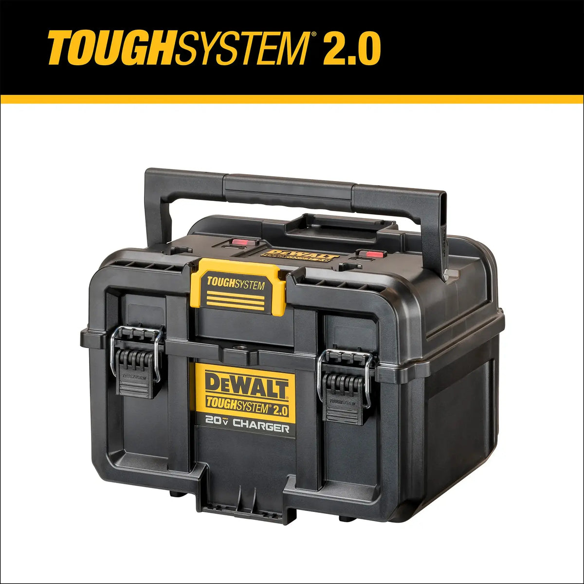 A studio view of the DEWALT dual port charger box featuring the ToughSystem 2.0 logo overlay. The image emphasizes the modular compatibility of the unit, designed to click into a larger rolling tool box stack using patented auto-connect side latches.