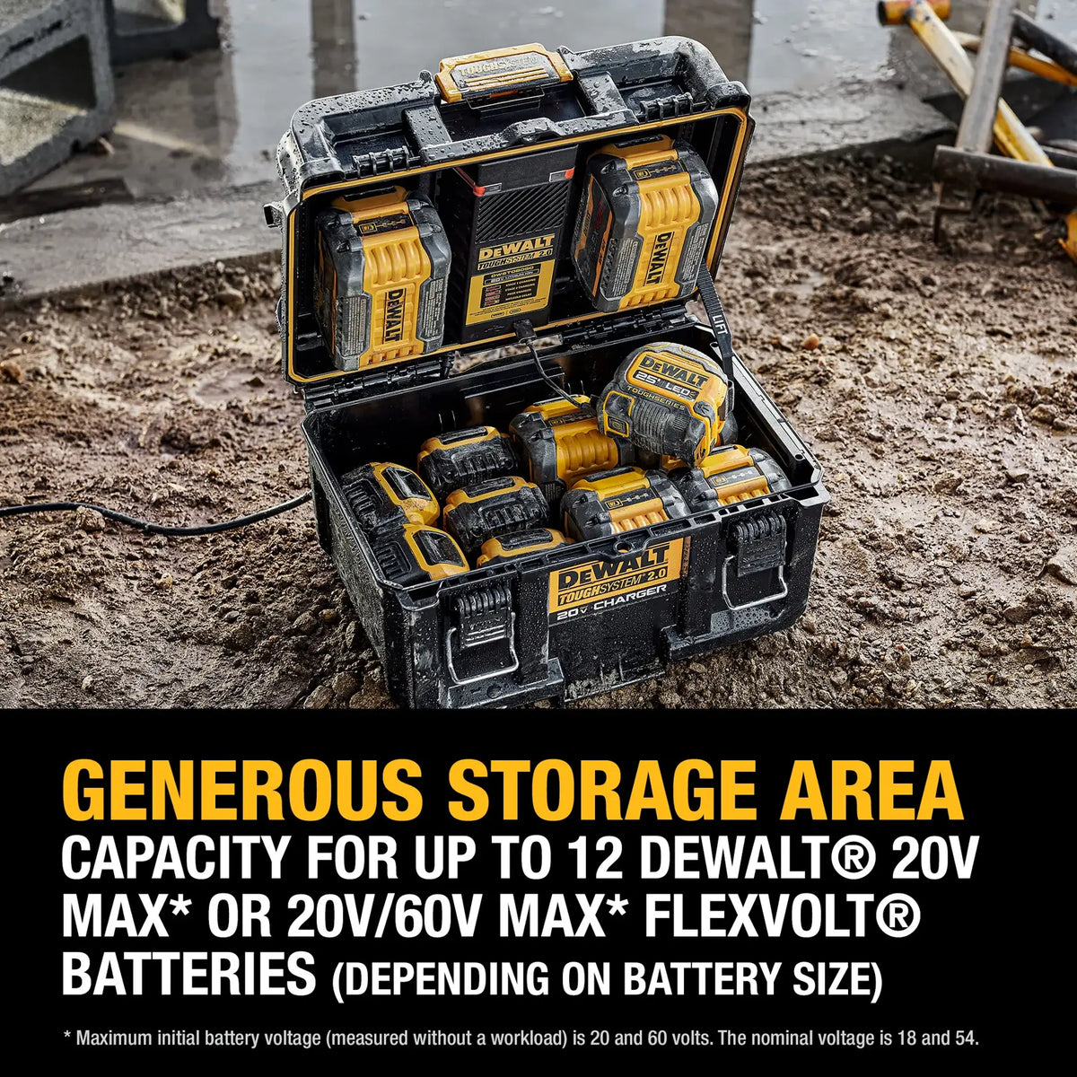 A high-angle action shot of the open DEWALT charging box sitting in muddy jobsite conditions. The image highlights the "Generous Storage Area" feature, showing the box filled with a variety of 20V MAX and FLEXVOLT batteries alongside a professional measuring tape, demonstrating its high capacity.