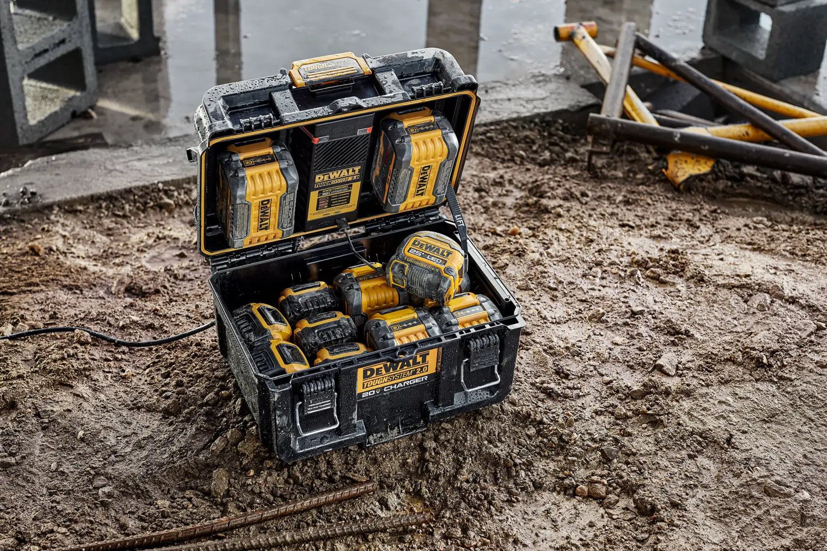 A detailed lifestyle shot of the DEWALT ToughSystem 2.0 charging station sitting on wet ground. This view emphasizes the effective weather-resistant seals and the internal LED indicators that allow users to monitor battery charge levels in real-time during outdoor use.