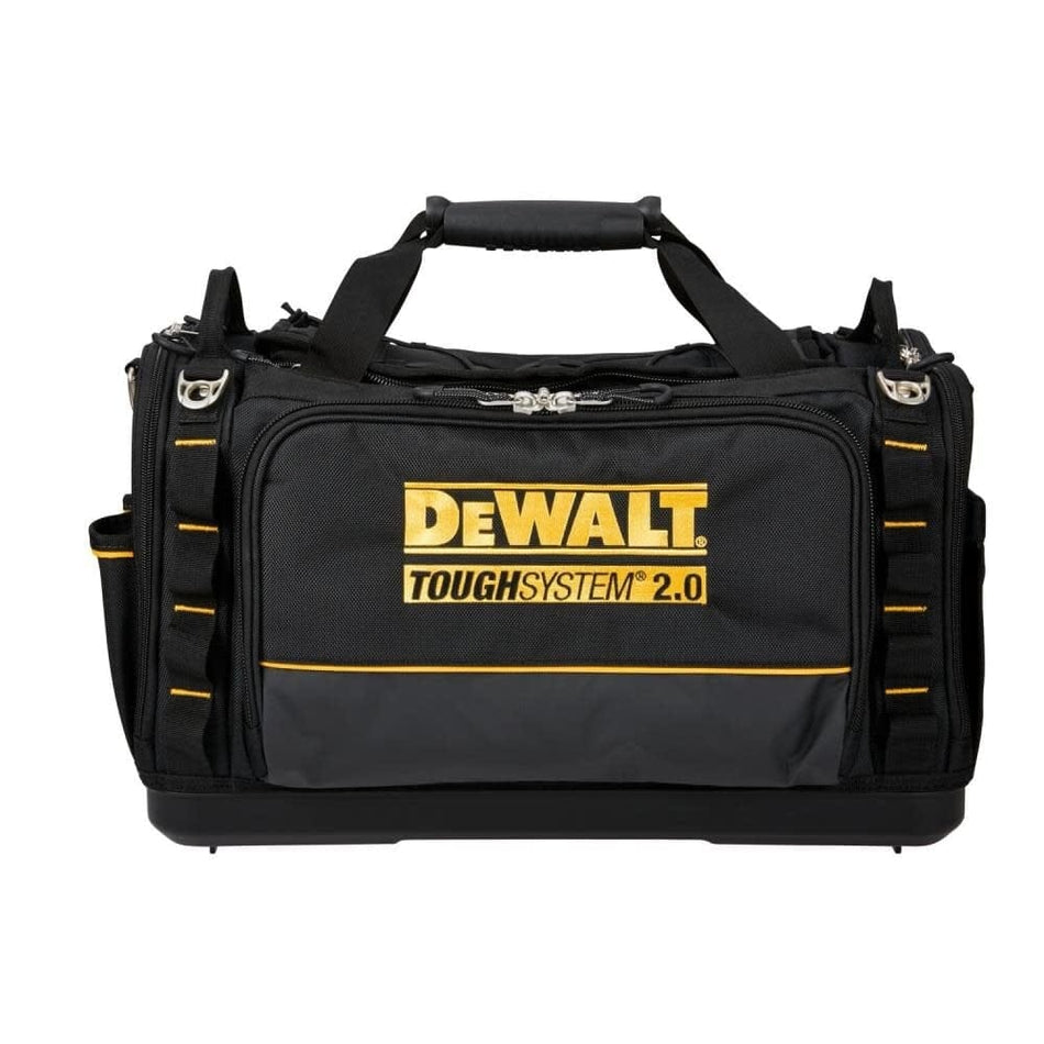 Black and gray DEWALT ToughSystem 2.0 tool bag with yellow accents, multiple compartments, and reinforced handles for organized tool storage.