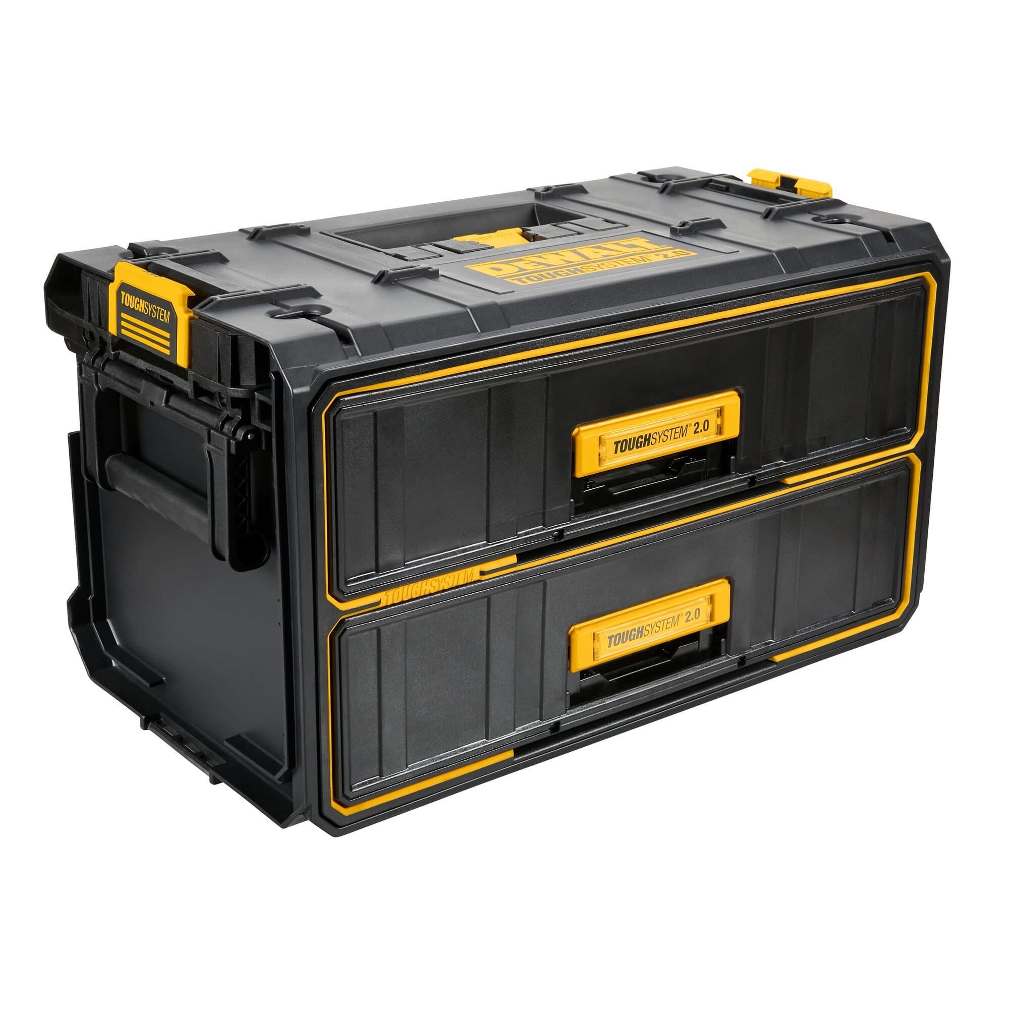 DEWALT ToughSystem 2.0 two deep drawer tool box shown closed with durable black and yellow construction reinforced edges side handles and modular connectivity for professional tool storage.