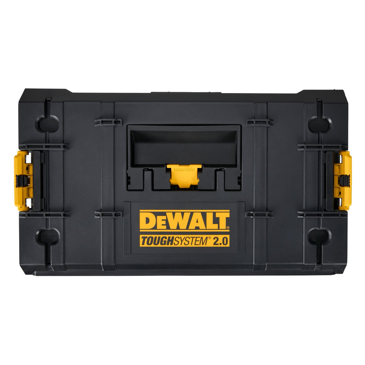 DEWALT ToughSystem 2.0 tool box with rugged black and yellow housing central carry handle and secure side latches designed for modular stacking and heavy duty jobsite tool organization.