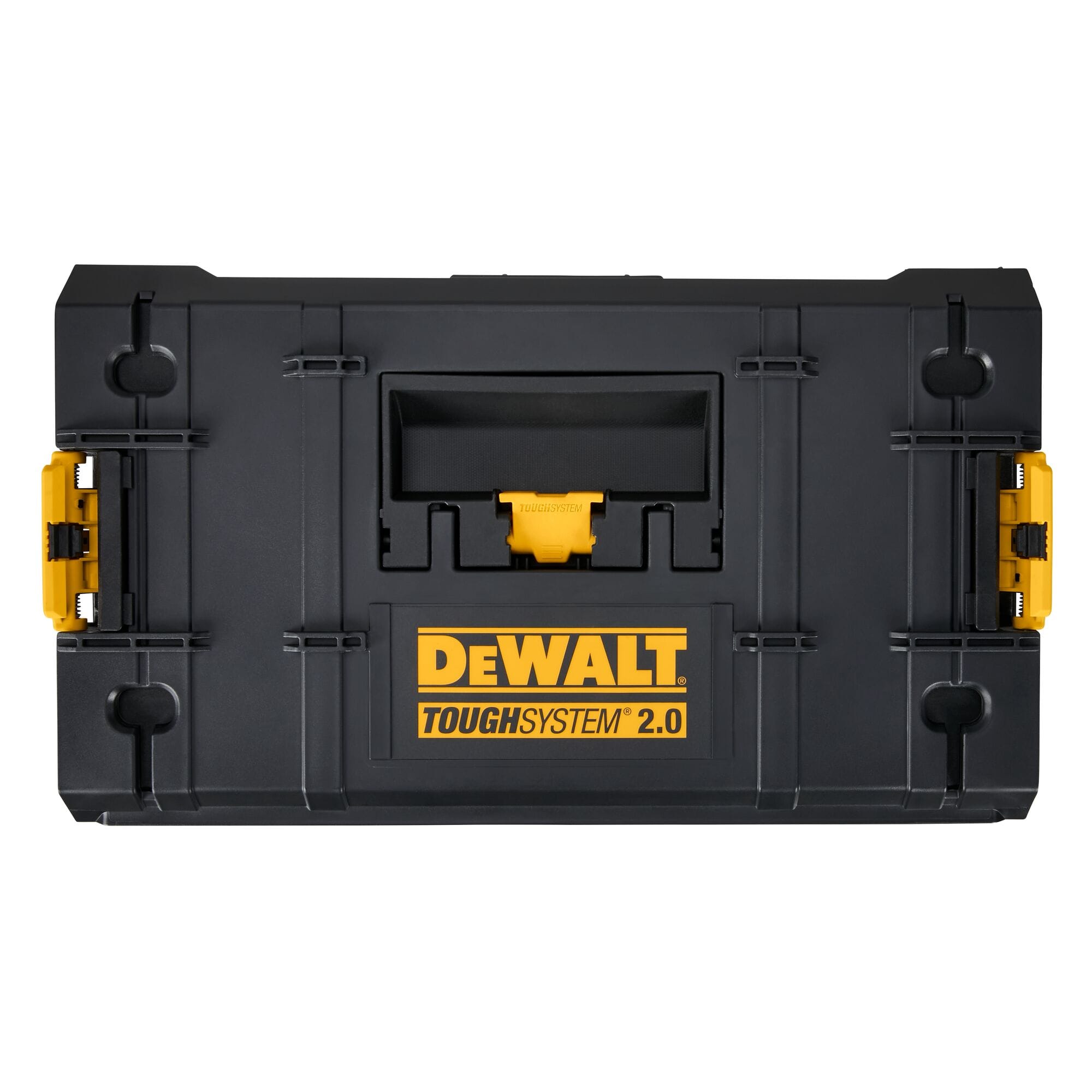 DEWALT ToughSystem 2.0 tool box with rugged black and yellow housing central carry handle and secure side latches designed for modular stacking and heavy duty jobsite tool organization.
