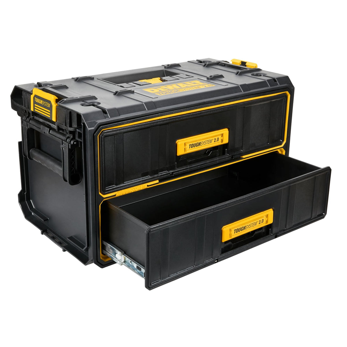 DEWALT ToughSystem 2.0 two deep drawer tool box with bottom drawer open displaying spacious storage compartment smooth ball bearing slides and rugged jobsite ready design.