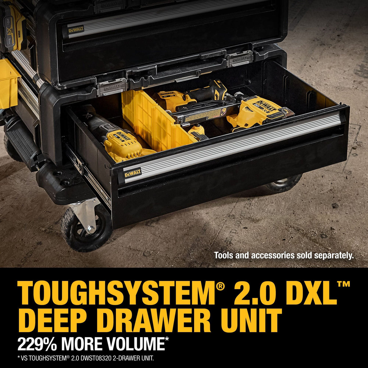 DEWALT ToughSystem 2.0 DXL deep drawer unit open to reveal organized DEWALT power tools and accessories with yellow dividers and heavy duty drawer slides on a mobile base.
