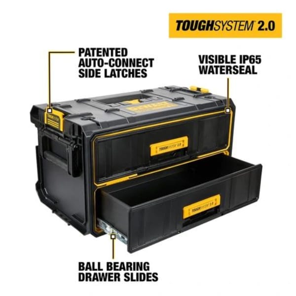 DEWALT ToughSystem 2.0 storage drawer highlighting patented auto connect side latches visible IP65 water seal and smooth ball bearing drawer slides for secure modular tool storage.