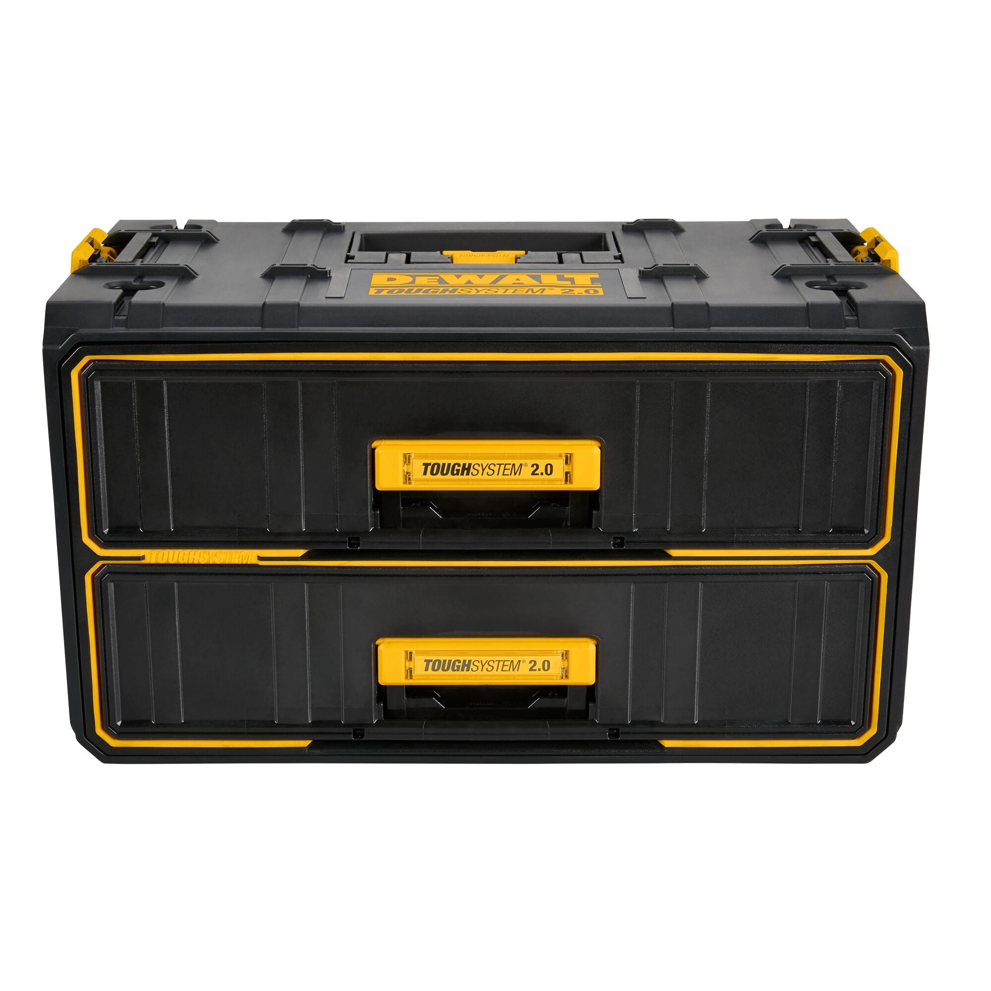 DEWALT ToughSystem 2.0 tool box with two deep drawers shown closed featuring durable black and yellow construction reinforced edges modular connectivity and labeled drawer handles for organized tool storage.