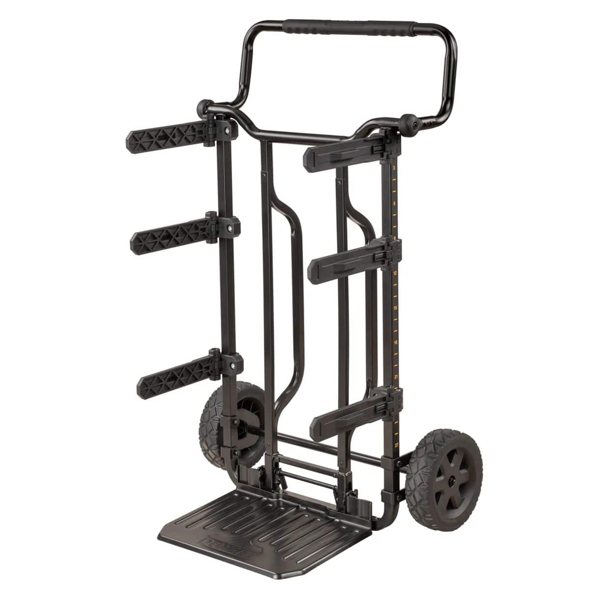 A studio front view of the DEWALT DWST08210 ToughSystem DS Carrier. This heavy-duty modular transport cart features a rugged black metal frame, three pairs of adjustable folding brackets, large all-terrain wheels, and a deep footplate for moving stacked tool boxes.