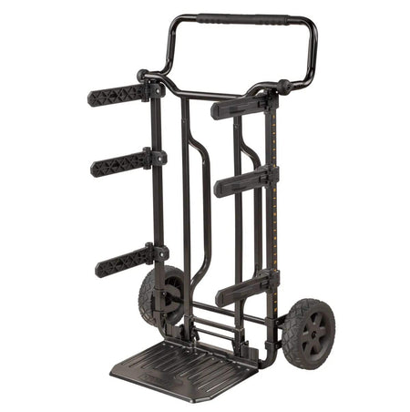 A studio front view of the DEWALT DWST08210 ToughSystem DS Carrier. This heavy-duty modular transport cart features a rugged black metal frame, three pairs of adjustable folding brackets, large all-terrain wheels, and a deep footplate for moving stacked tool boxes.