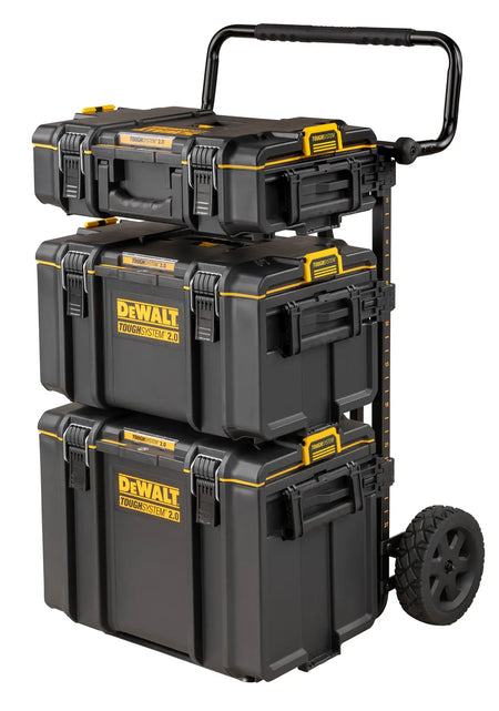 A studio view of the DEWALT DWST08210 carrier fully loaded with three ToughSystem 2.0 tool boxes. The image showcases the modular compatibility and the high-capacity vertical storage solution for organized jobsite mobility.