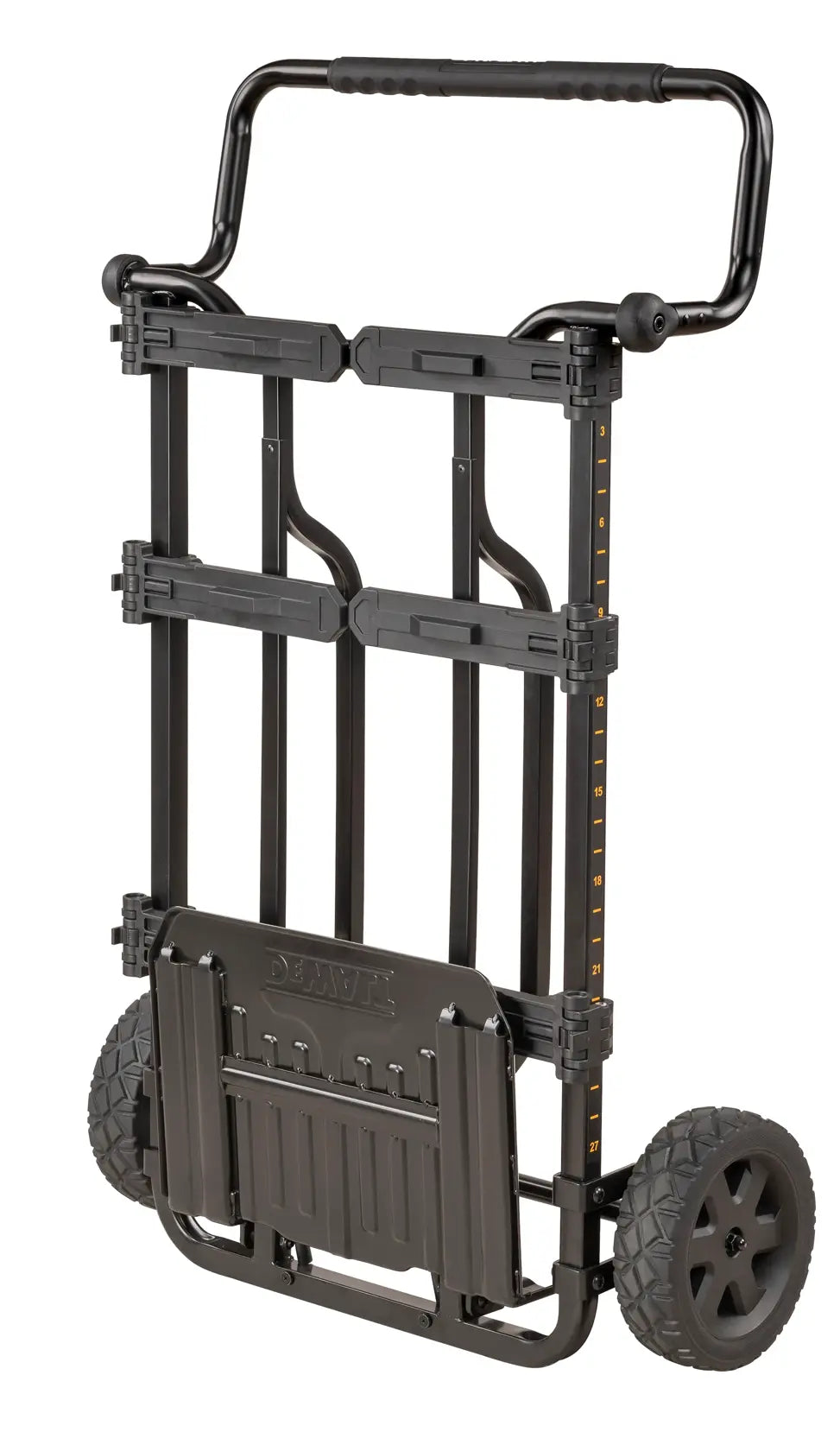 A studio shot of the DEWALT modular tool carrier with all brackets and the footplate folded inward. This compact profile demonstrates easy storage in a workshop or service van, highlighting the cart's portability when not transporting a tool stack.