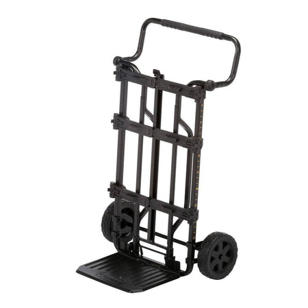 A three-quarter perspective view of the DEWALT heavy-duty transport cart. The high-strength steel construction is clearly visible, along with the folding J-hooks designed to support various ToughSystem 1.0 and 2.0 modular tool boxes.
