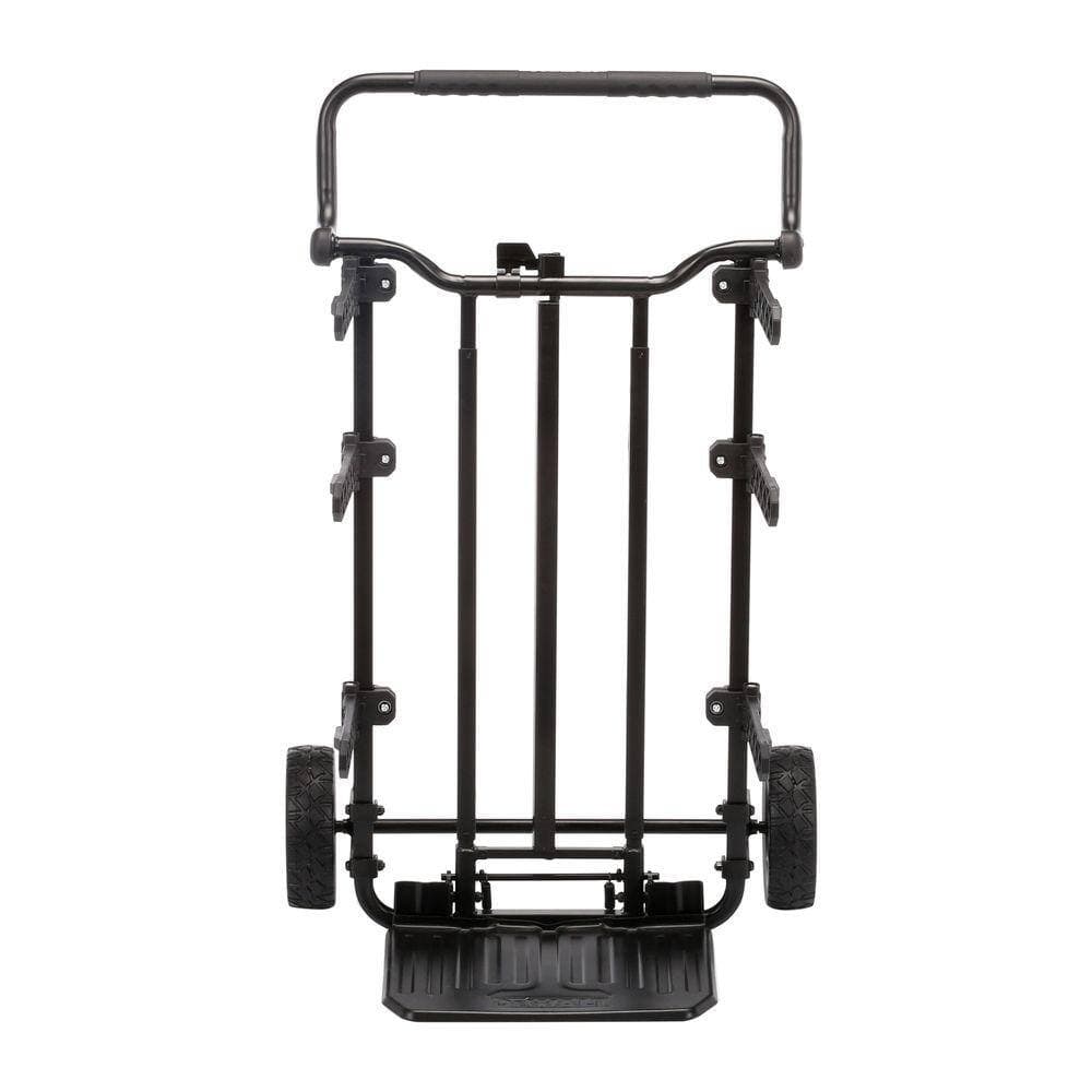 A rear studio view of the DEWALT modular tool cart. The image showcases the reinforced metal cross-bracing and the central spine of the frame, providing industrial-strength durability for heavy lifting on the jobsite.