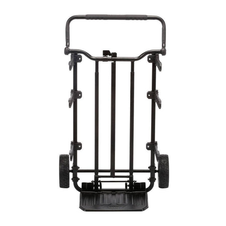 A rear studio view of the DEWALT modular tool cart. The image showcases the reinforced metal cross-bracing and the central spine of the frame, providing industrial-strength durability for heavy lifting on the jobsite.