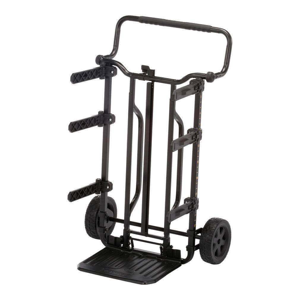 A perspective view of the DEWALT DS carrier rack with brackets extended. The shot highlights the versatility of the adjustable folding hooks that allow tradespeople to tailor the rack for different sizes of storage organizers and tool chests.