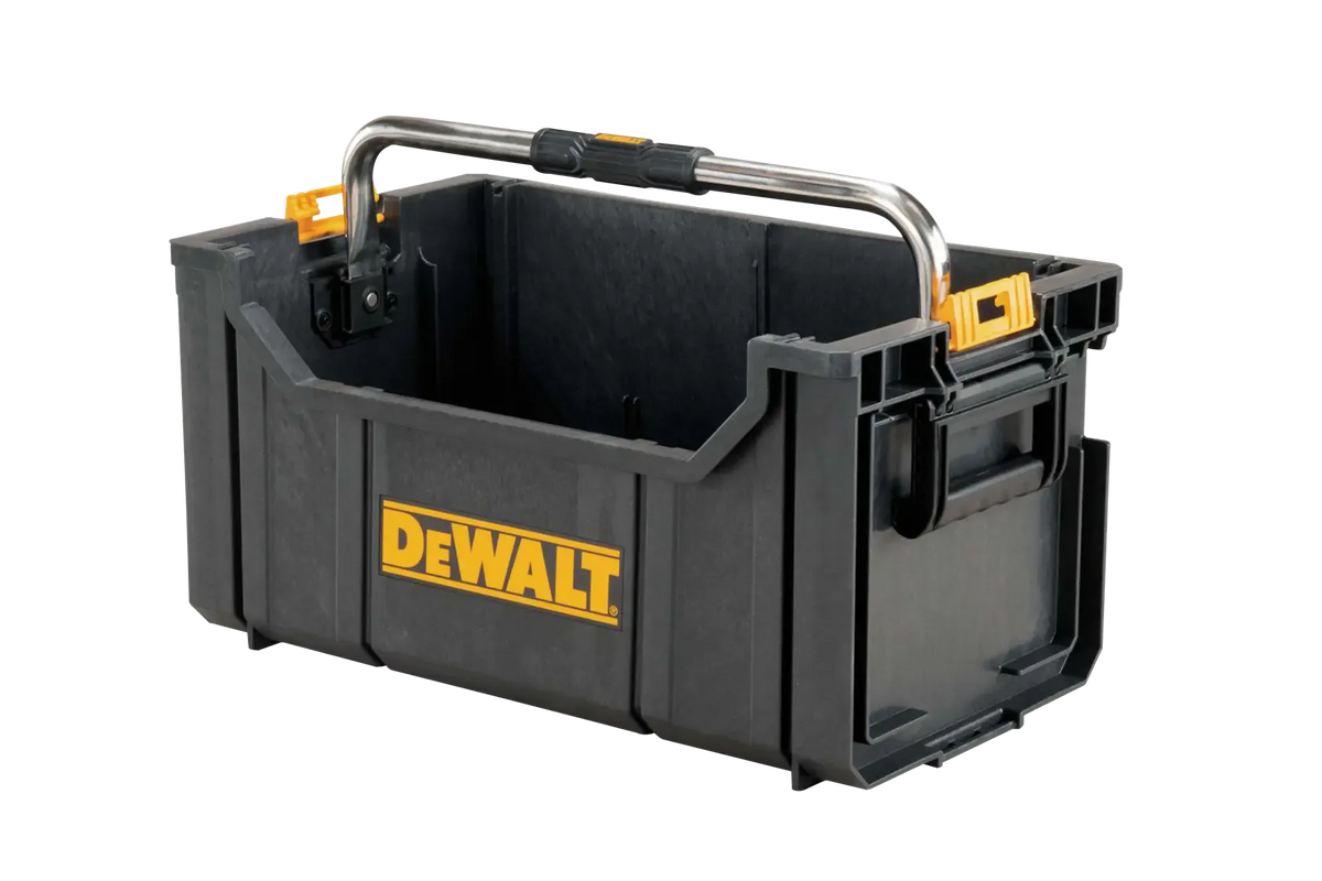 A perspective studio shot of the DEWALT ToughSystem tote showing the open bulk storage container. The image highlights the durable structural foam walls, the large yellow DEWALT logo, and the heavy-duty folding metal carry handle with an ergonomic grip for easy transport of power tools and hand tools.