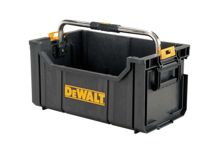 A perspective studio shot of the DEWALT ToughSystem tote showing the open bulk storage container. The image highlights the durable structural foam walls, the large yellow DEWALT logo, and the heavy-duty folding metal carry handle with an ergonomic grip for easy transport of power tools and hand tools.