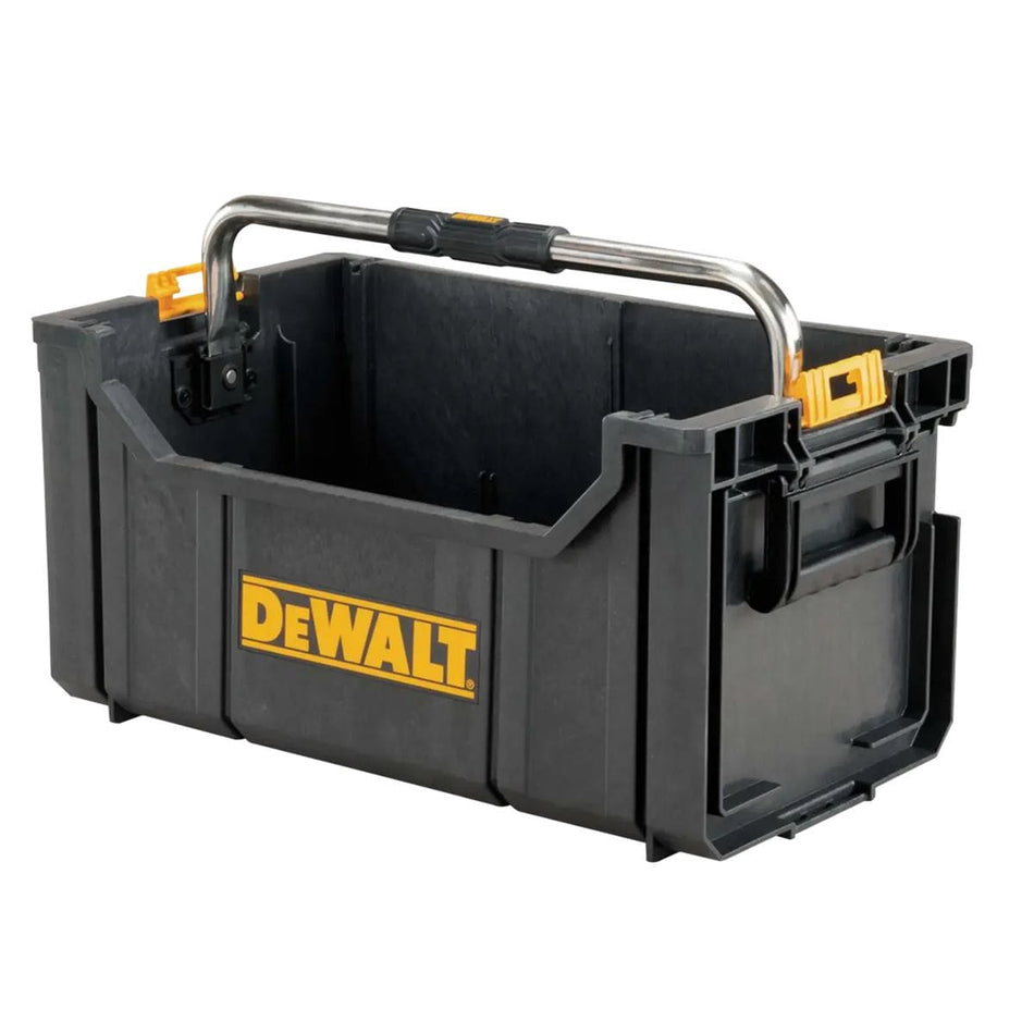 A perspective studio shot of the DEWALT ToughSystem tote showing the open bulk storage container. The image highlights the durable structural foam walls, the large yellow DEWALT logo, and the heavy-duty folding metal carry handle with an ergonomic grip for easy transport of power tools and hand tools.