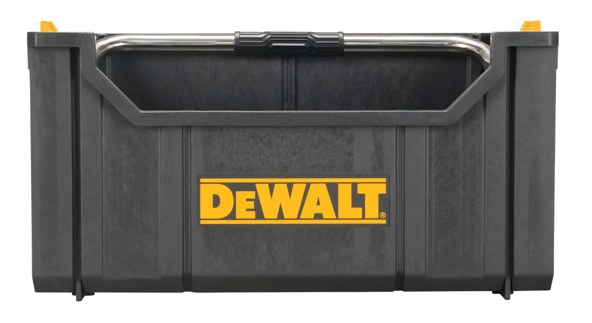 A side studio profile of the DEWALT DWST08206 open tool tote. This angle emphasizes the deep storage capacity and the stackable side latches, which allow this modular container to be securely attached to other DEWALT ToughSystem 2.0 storage units.
