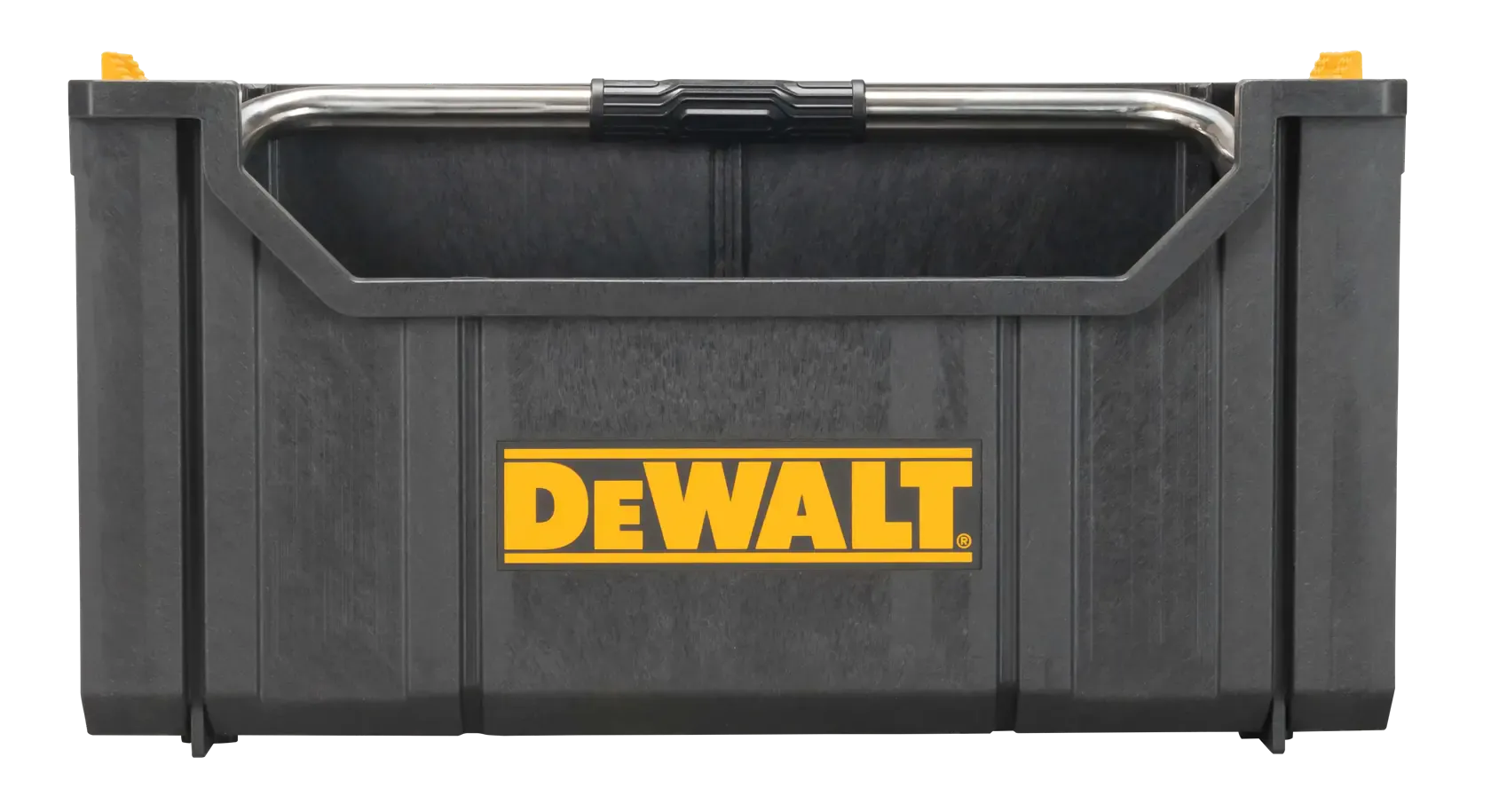 A side studio profile of the DEWALT DWST08206 open tool tote. This angle emphasizes the deep storage capacity and the stackable side latches, which allow this modular container to be securely attached to other DEWALT ToughSystem 2.0 storage units.