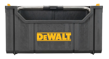 A side studio profile of the DEWALT DWST08206 open tool tote. This angle emphasizes the deep storage capacity and the stackable side latches, which allow this modular container to be securely attached to other DEWALT ToughSystem 2.0 storage units.
