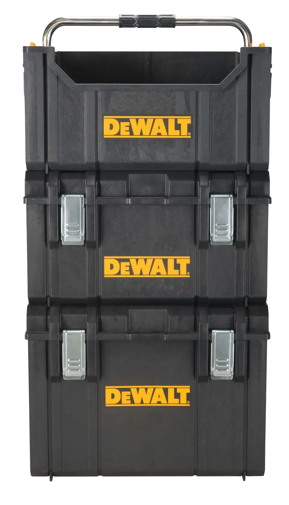 A studio shot showcasing the DEWALT open tote stacked on top of two ToughSystem 2.0 toolboxes. The image demonstrates the modular vertical stacking capability of the storage system, showing how the metal handle remains accessible even when integrated into a full rolling tower.