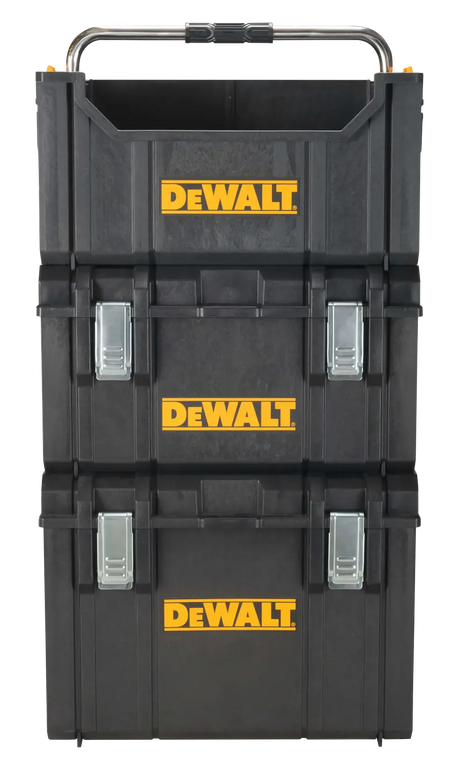 A studio shot showcasing the DEWALT open tote stacked on top of two ToughSystem 2.0 toolboxes. The image demonstrates the modular vertical stacking capability of the storage system, showing how the metal handle remains accessible even when integrated into a full rolling tower.