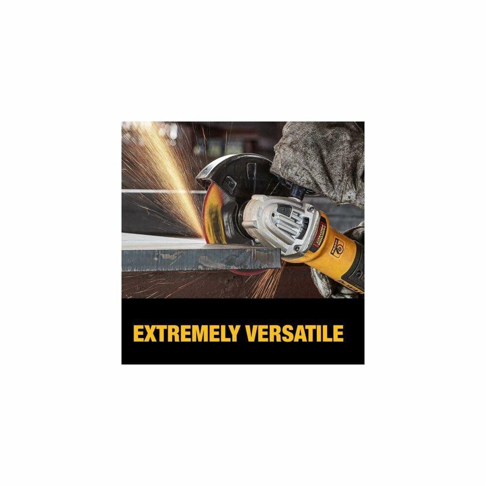DEWALT 4-1/2 x 3/32 x 5/8-11 XP T27 Cut Notch Abrasive Wheel in use with sparks from angle grinder cutting metal.
