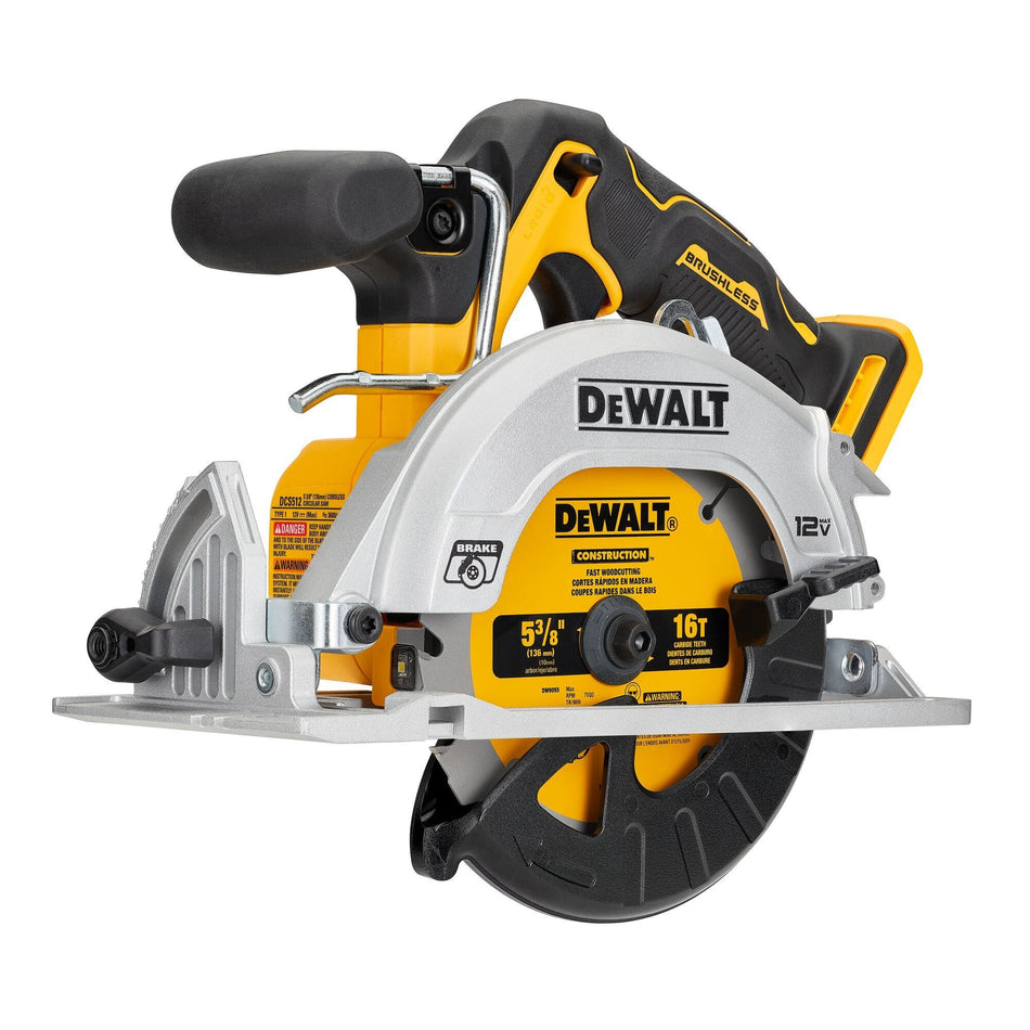 Front profile of the DEWALT DCS512B 12V MAX brushless cordless circular saw bare tool featuring a 5-3/8-inch carbide-tipped blade and ergonomic auxiliary handle.
