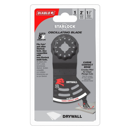 Retail packaging for the Diablo DOS200RBD Starlock oscillating blade highlighting 5X longer life and a curve contact edge for clean plunge cuts in drywall.