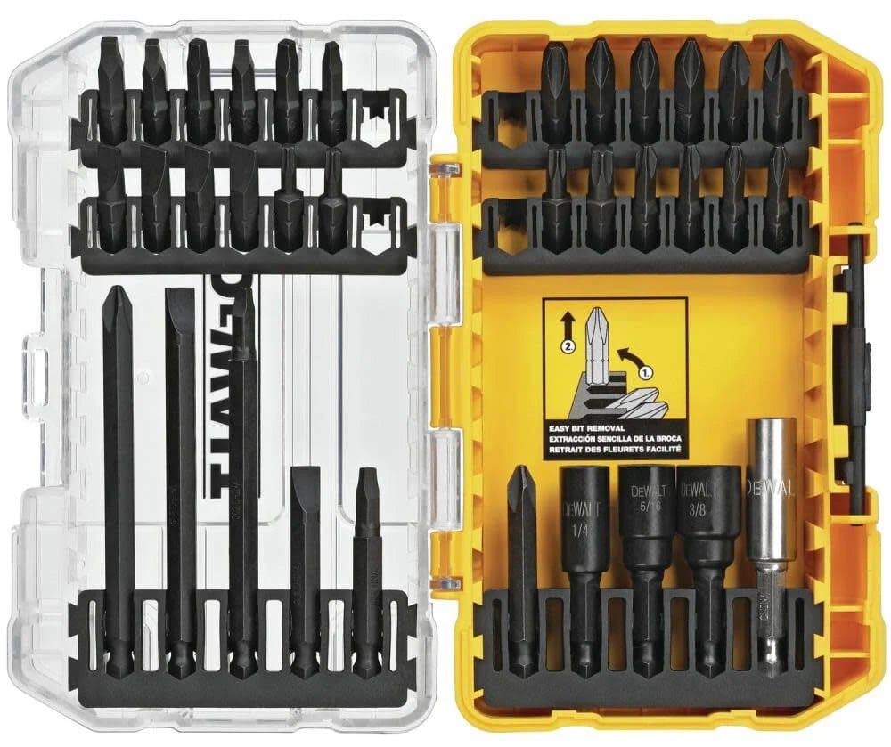 DEWALT DW2153 Impact Ready 34-piece screwdriver bit set in yellow and black Tough Case packaging; includes various bits and accessories for impact drivers.