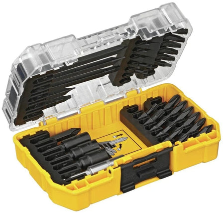 DEWALT-branded plastic storage case with transparent lid and yellow base; designed for organizing drill bits or small accessories.