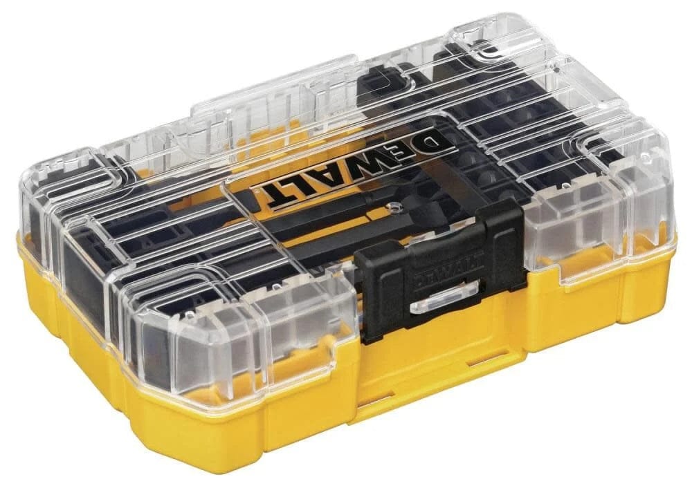 Yellow and black DEWALT storage case with transparent lid showing assorted screwdriver bits including Phillips, flathead, Torx, hex, and bit holders