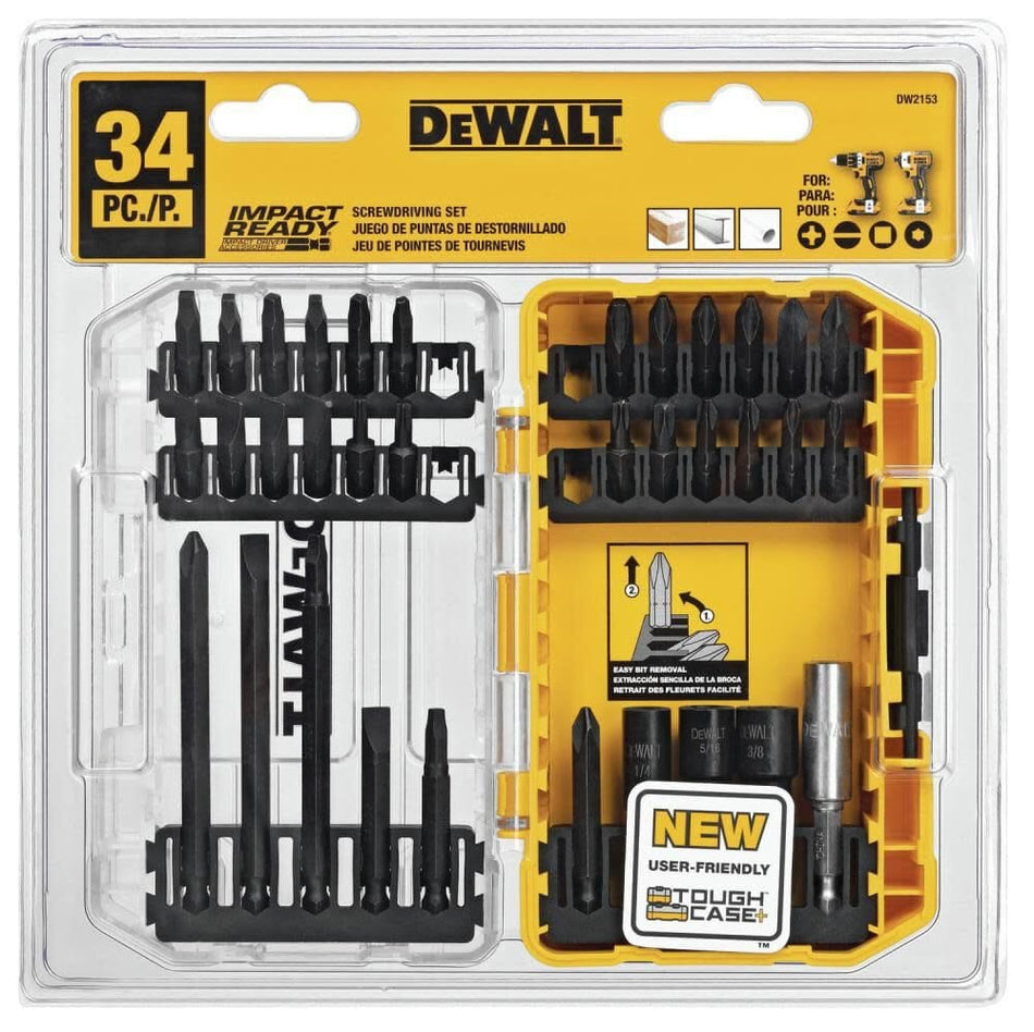 Open DEWALT screwdriver bit set case displaying organized compartments with various bits, socket adapters, and magnetic bit holder; includes instructional diagram.