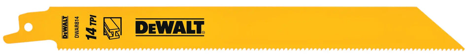 A yellow DEWALT 14-inch reciprocating saw blade on a plain white background.