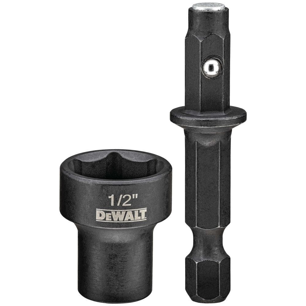 Two DEWALT tools: a 1/2 inch socket and a hex shank adapter with ball detent for secure fastening.