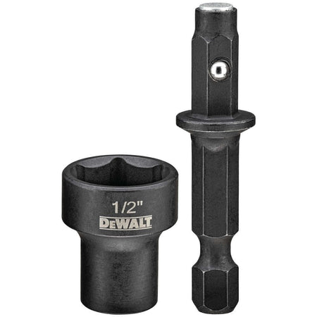 Two DEWALT tools: a 1/2 inch socket and a hex shank adapter with ball detent for secure fastening.