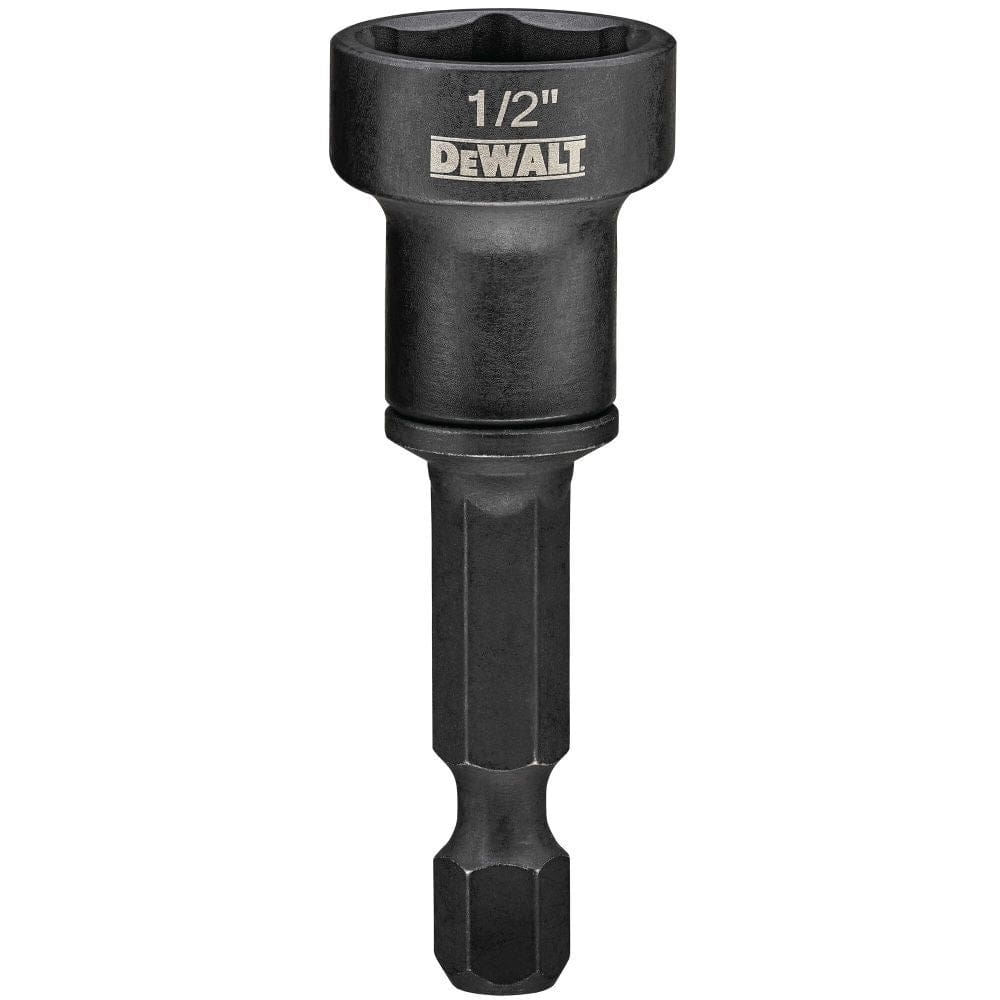 Black DEWALT impact socket adapter with 1/2 inch drive and hex shank for use with drills or drivers.