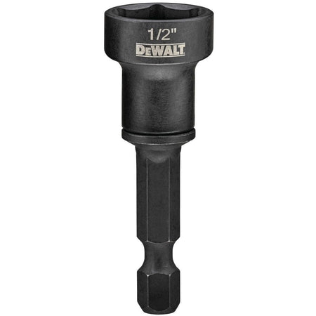 Black DEWALT impact socket adapter with 1/2 inch drive and hex shank for use with drills or drivers.
